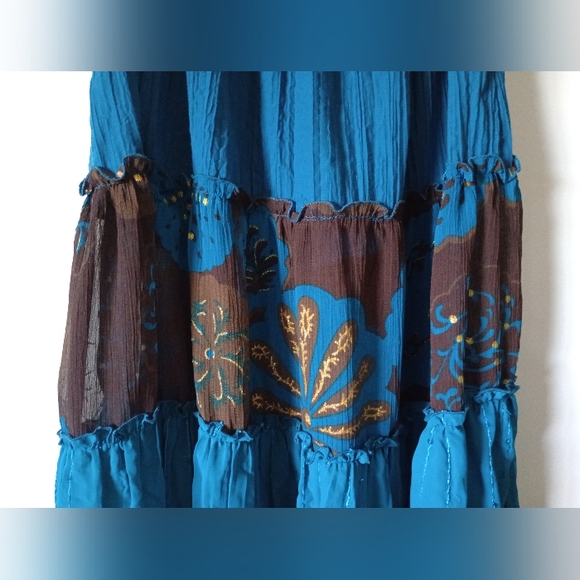 Boho Style Blue & Brown Ruffled Tiered Skirt - Picture 5 of 11